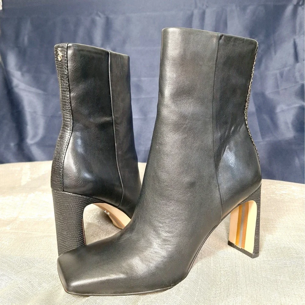 Sam Edelman 7 M Anika Black Leather High Heeled Ankle Boots Logo & Croc Emboss